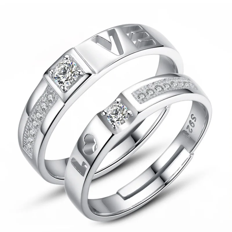 

100% 925 sterling silver romantic love letter shiny crystal lovers`rings adjustable finger ring jewelry engagement gift cheap