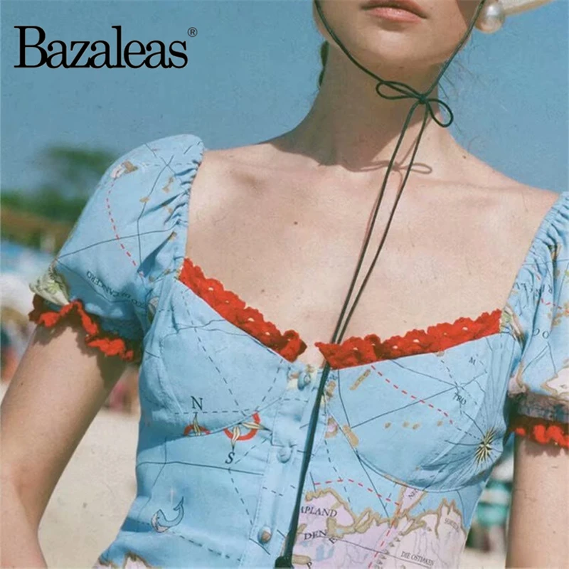 Bazaleas модное летнее платье с принтом земного шара, Красное Кружевное лоскутное женское платье, винтажное пляжное платье vestido, Женская Прямая поставка