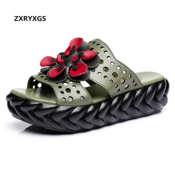 

Hot Sale Top Cowhide Flower Fashion Slippers Women Shoes Summer Leather Sandals 2020 New Increase Platform Slipper Women Sandals