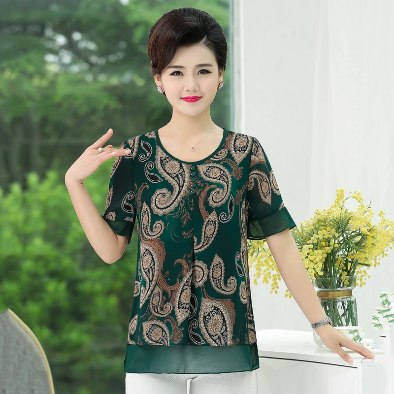 

Fashion Short Sleeve T Shirt For Women Chiffon Top 2019 Summer New Loose Plus Size O-Neck Middle Age Mother Tee Shirts Femme