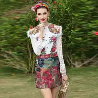 2019 New Designer Runway High Street Fashion Suit sets Women's Long Sleeve Embroidered Lace Top+Vintage Jacquard Mini Skirt Set