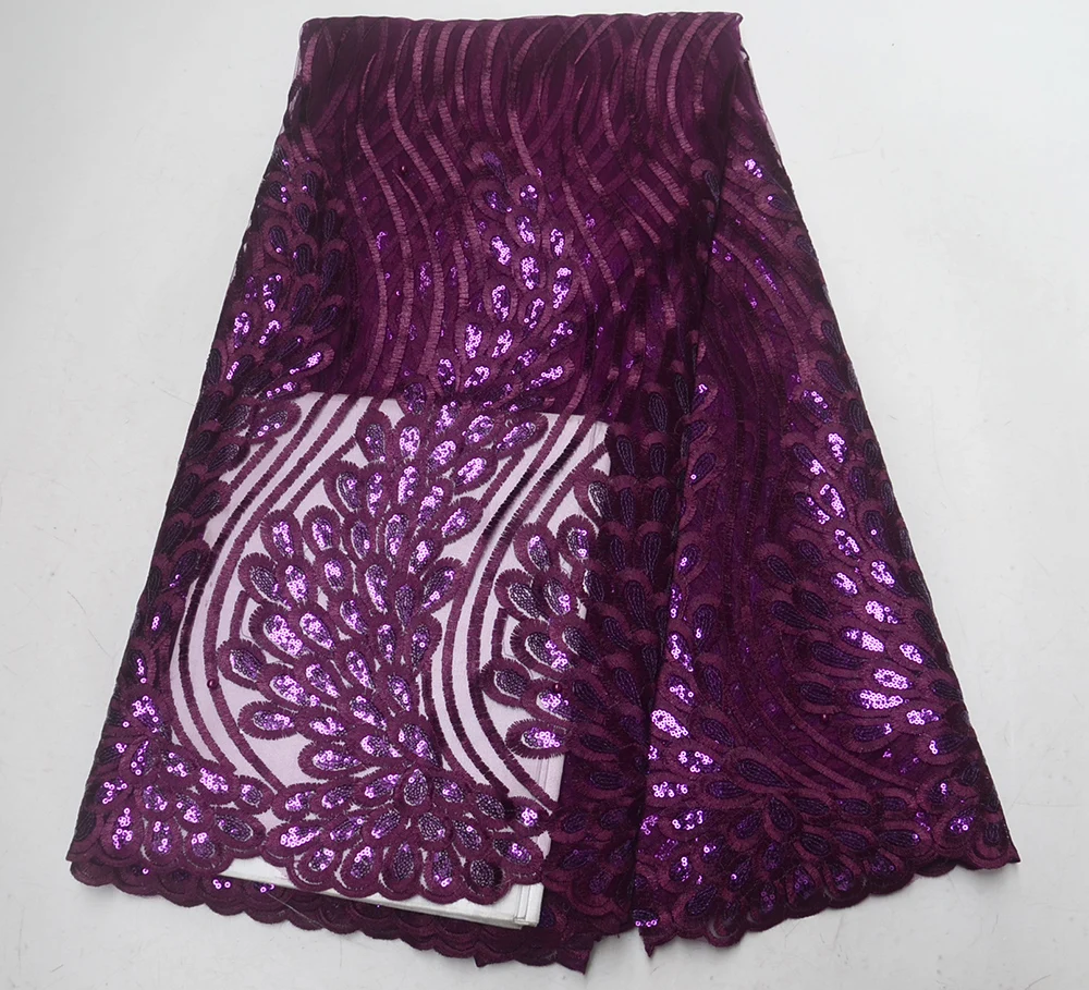 

2019 Newest Dark Purple Embroidered French net lace fabric With Sequins Latest African Tulle Lace Fabrics High Quality