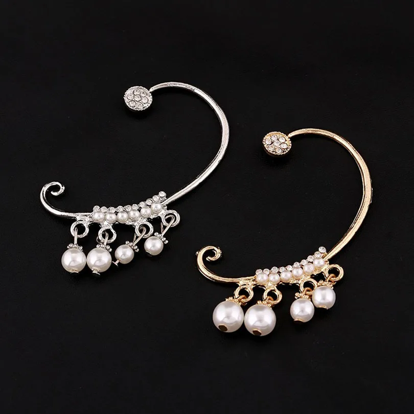 

ZLDYOU Fashion Women Imitation Pearls Ear Cuff NO Pierced Wedding Gift Rhinestone Earcuffs Clear Crystal Zinc Alloy Clip Earring