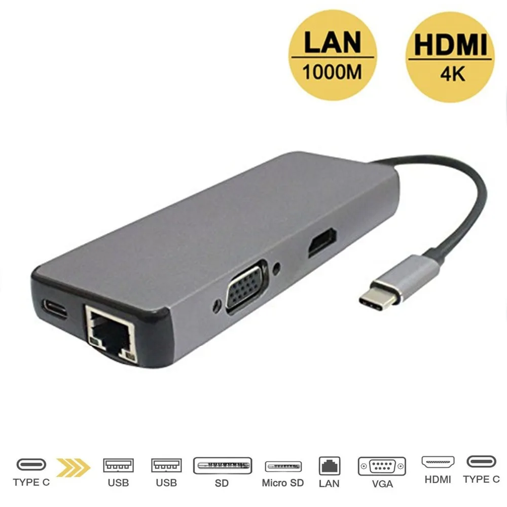 

8 in 1 USB 3.1SD/TF USB Hub Converter 4K HDMI VGA Type C USB to RJ45 Lan Ethernet Adapter For Macbook Samsung Galaxy S8 Mate Boo