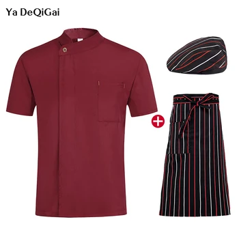 

New red short-sleeved chef overalls single-breasted chef restaurant uniform jacket + hat + apron men and women coat chef chef