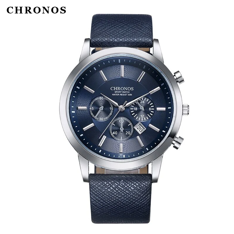 CHRONOS Мужские часы с кожаным ремешком модные роскошные кварцевые наручные