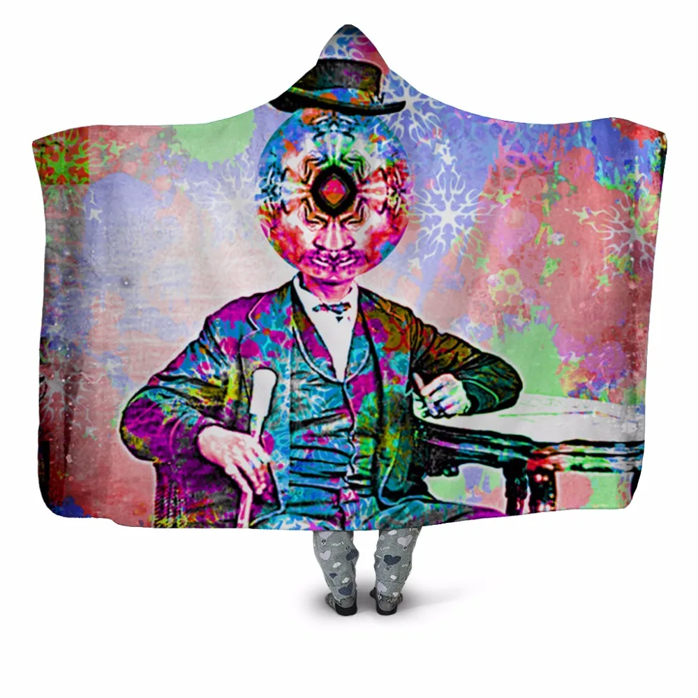 

Trippy Gentleman 3D Printed Plush Hooded Blanket for Adults Children Warm Wearable Fleece Throw Blanket Home Office Washable New