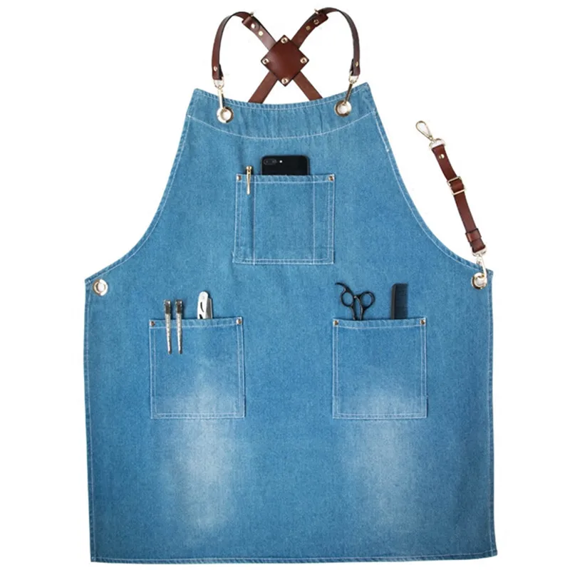 Light Blue Denim Bib Apron Leather Strap Barista Catering Cafe