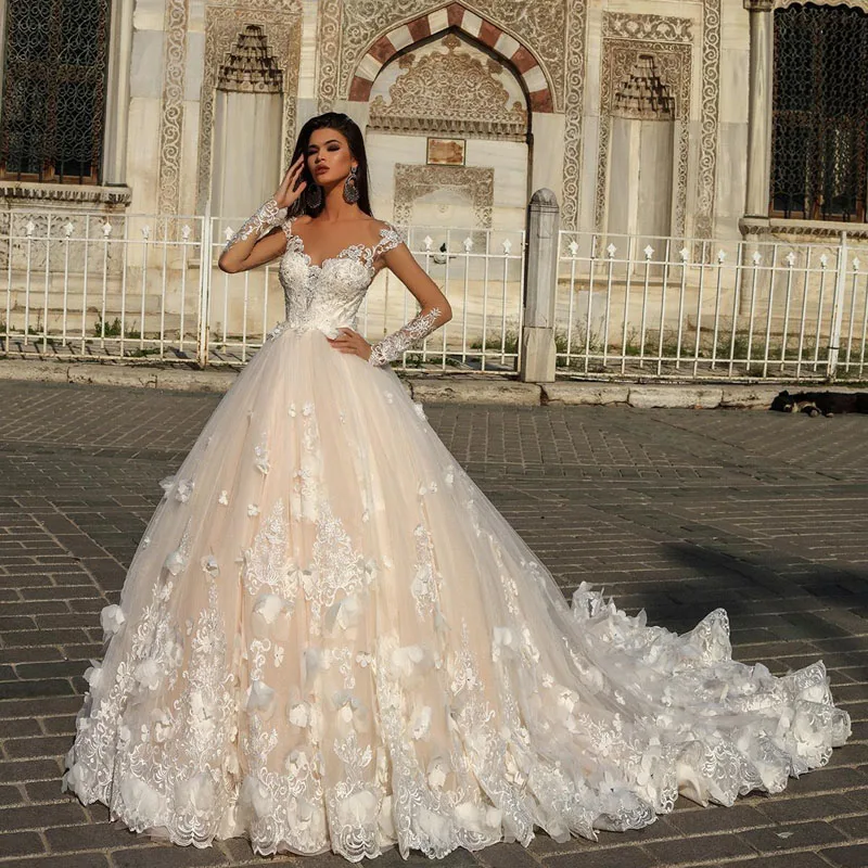 2018 Gorgeous Designer Champagne Wedding Dresses with White 3D Flowers Illusion Sheer Long Sleeves Court Train Arabic Bridal Gowns219