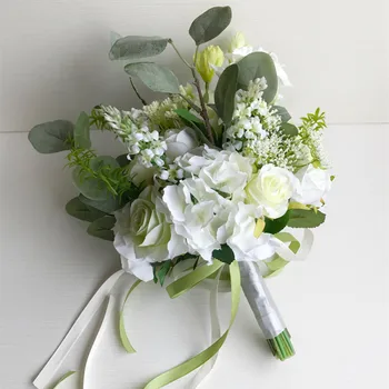 

6pcs/packGreen White Series Silk Cloth Imitation Flower Bride Bouquet Flower Wedding Decorative Flower Bridesmaid Bouquet Flower