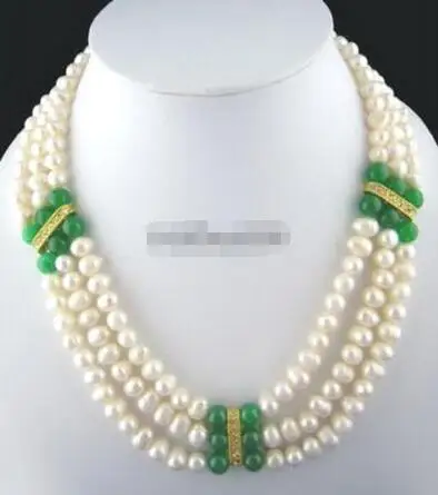 

Hot sale new Style >>>>>3 Rows Genuine White Pearl Green Jade Beads 18KGP Crystal Clasp Necklace