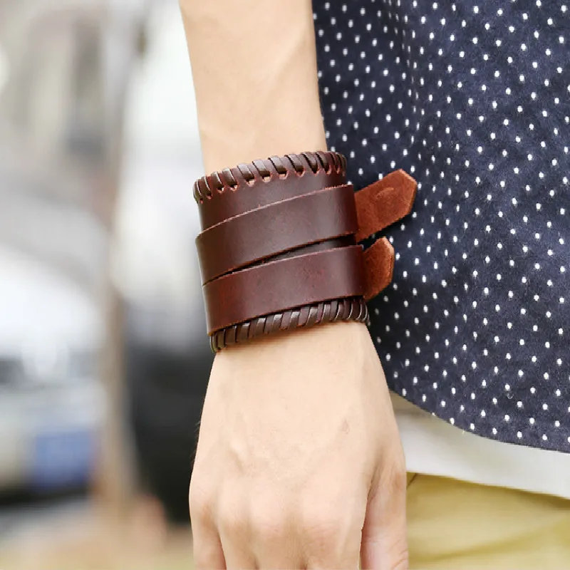 

2019 New Fashion Mens Retro Punk Leather Bracelet Cuff