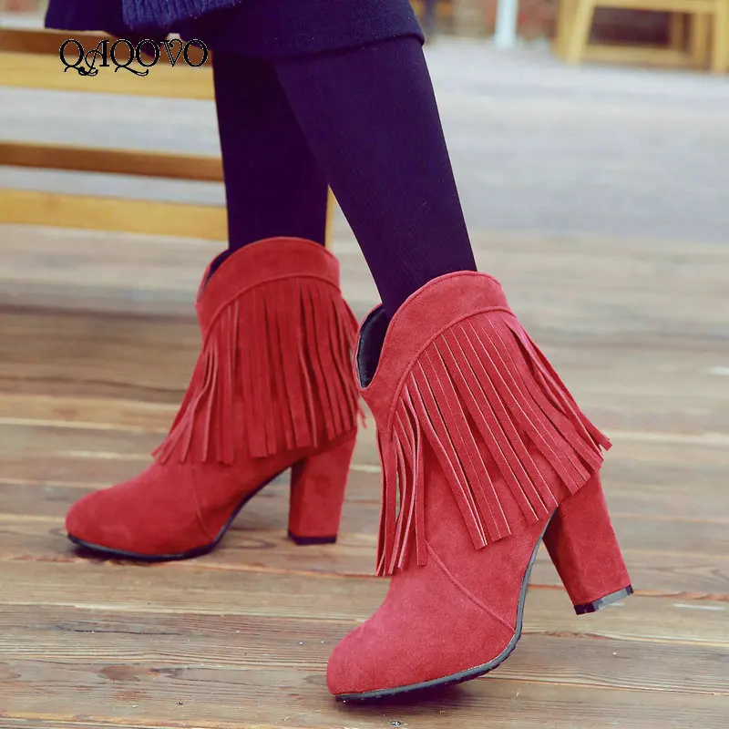 

Fashion Fringe Ankle Boots Women Square High Heel Slip On Boots Comfort Round Toe Autumn Winter Women Boots Black Gray Red