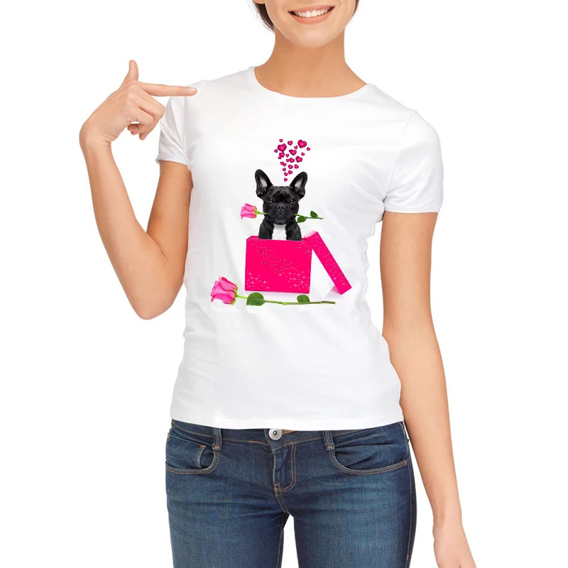 

Romantic Rose Dog Print T Shirt Pugs Gift Chihuahua/French Bull with rose Valentine Tshirt white Short Sleeve Women T Shirt