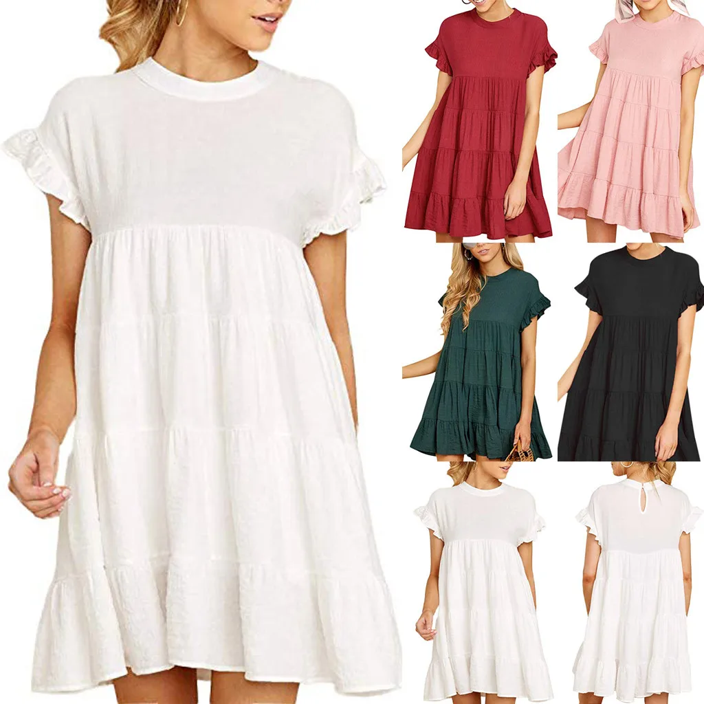 

Womens Summer Fashion Casual Ruffle Sleeve Casual Plain Short Sleeve Dress Casual Swing Party Ankle-Length Dress Sukienka