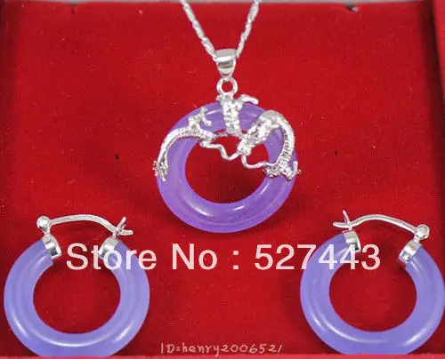 

hot sell new - Wholesale Set Pretty purple jade 925 silver dragon pendant necklace earrings (A0511)