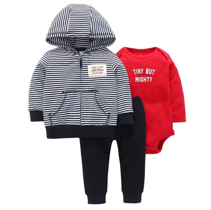 Hot Sale spring Baby Girls Boys Clothes Sets Cute Infant Cotton coat+ Rompers+Pants 3pcs Outfit Casual Kids Children Suits 6-24M