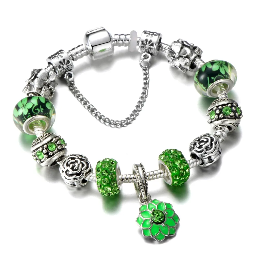 

Green Color Charm Bracelet For Women Snake Chain Flower Beads Brand Bracelets Fit Spring & Summer Popular Style DIY Making