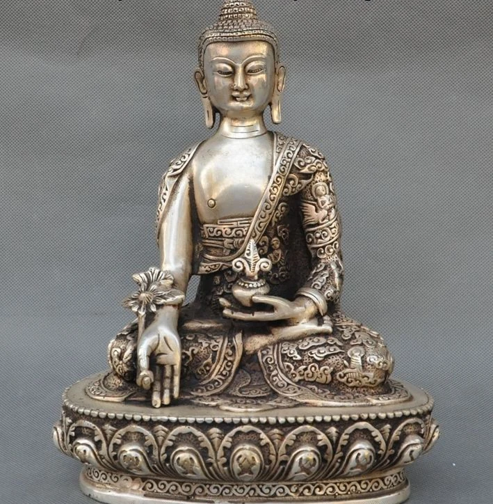 

9"Old Tibet Buddhism Fane Silver Sakyamuni Shakyamuni Medicine Buddha Statue