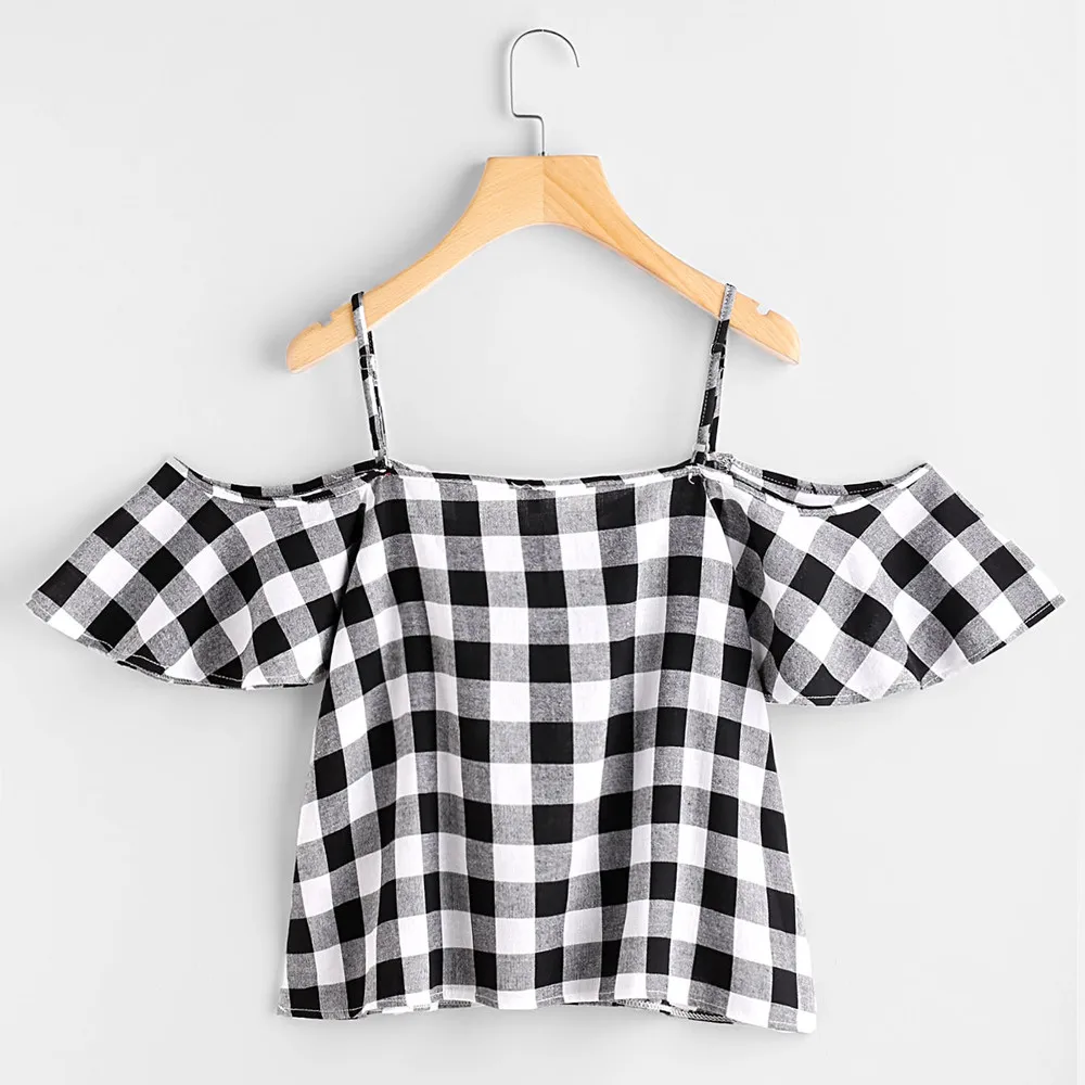 

Women Summer Pinstripe Blouse Cold Shoulder Top camisa xadrez feminina blusas femme de moda 2017 camisetas mujer cold shoulder