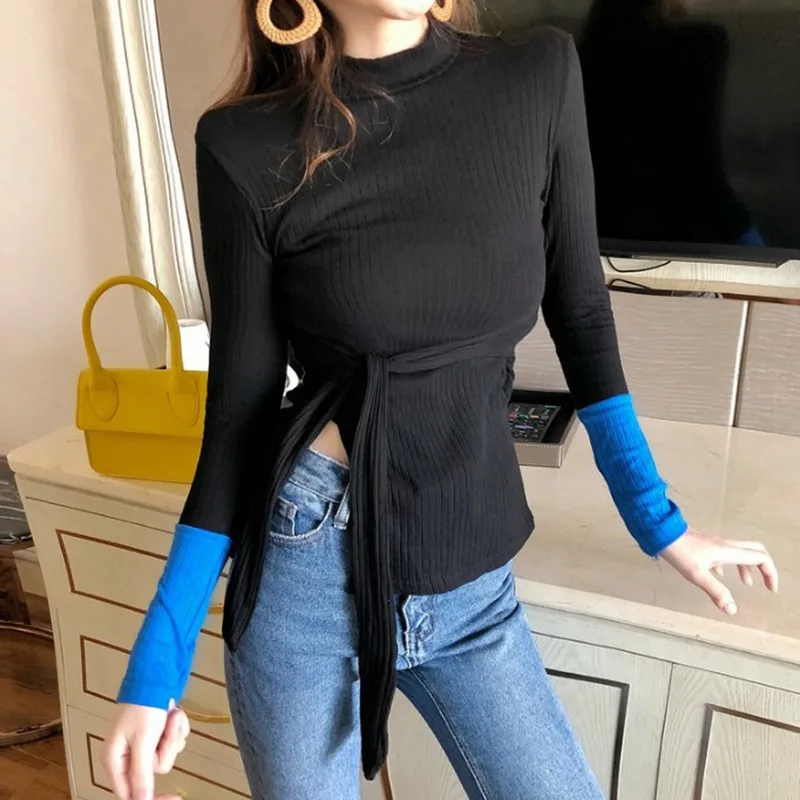 

Korean Summer T shirt Woman Spring Turtleneck Lace Up Slit Knitted T-Shirt Color Block Long Sleeve Slim Tshirt Women harajuku H