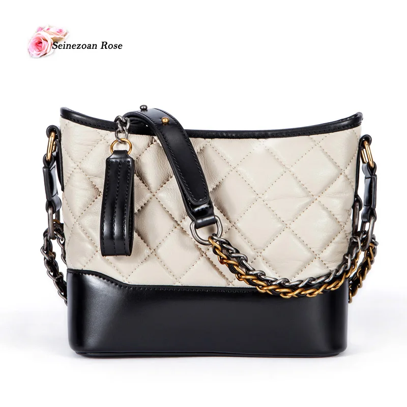 2017 Genuine Leather Women Diamond Lattice Bucket Handbags Double