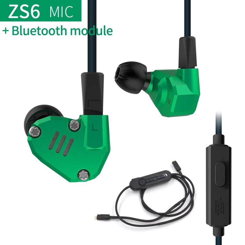 KZ ZS6 2DD+ 2BA гибридные наушники-вкладыши HIFI DJ в ухо монитор для бега спортивные наушники ушные наушники гарнитура Bluetooth Hifi наушники - Цвет: ZS6greenwithmicbluth