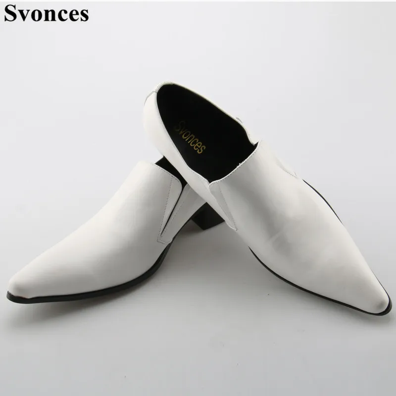 

Svonces Western White Leather Luxury Brand Italian Shoes Man High Heels Pointed Toe Dress Wedding Shoes Loafers Size 12