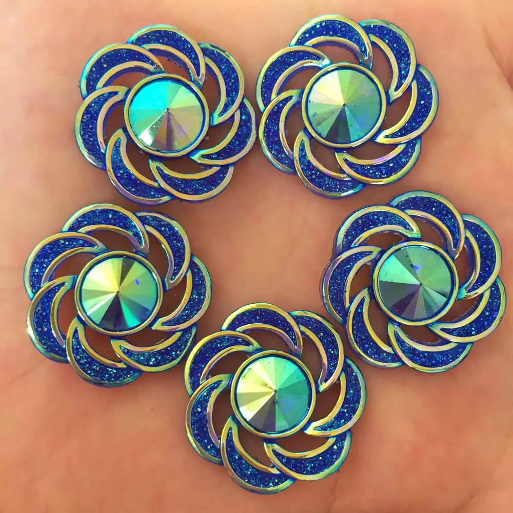 New 6pcs AB Resin Hollow Out 25mm Flower Flatback Rhinestone Wedding DIY Resin Ornaments R84 - Цвет: blue