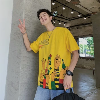 

2019 Summer Men's Originality Printing Round Neck Short Sleeve T Shirt Male Nice Cotton Clothes Loose Yellow Color T-shirts