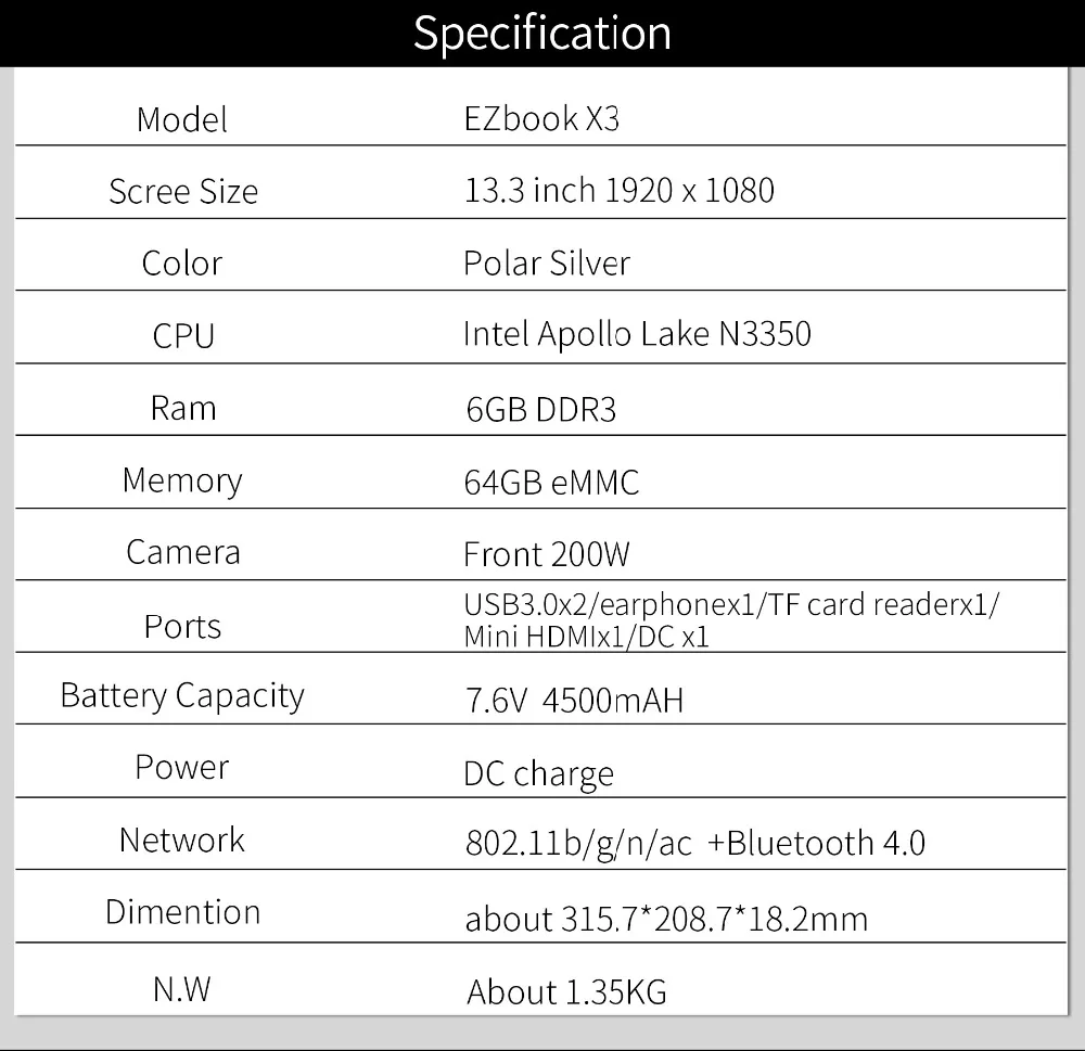 Джемпер EZbook X3 ноутбука 13,3 дюйма ips дисплей ноутбука 6 GB 64 GB eMMC Intel Apollo Lake N3350 2,4 г/5G Wi-Fi с M.2 SATA SSD слот