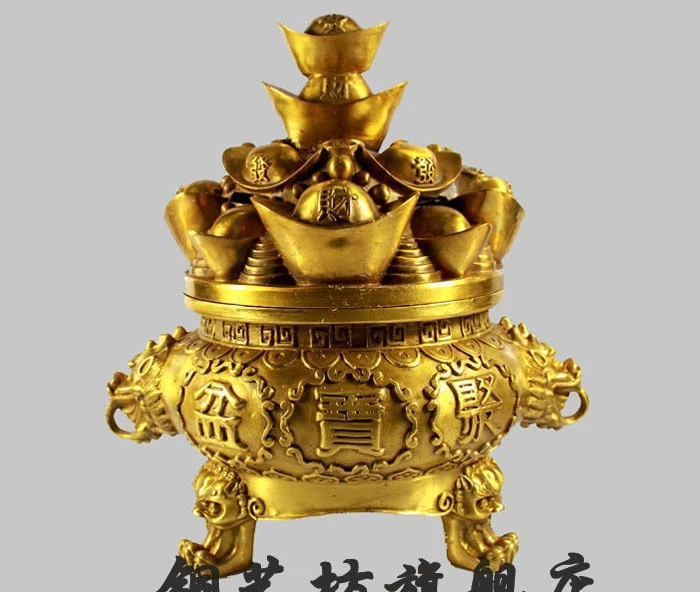 

11" China Bronze Treasure Bowl Unicorn Head Wealth Ingot Yuanbao Money Statue