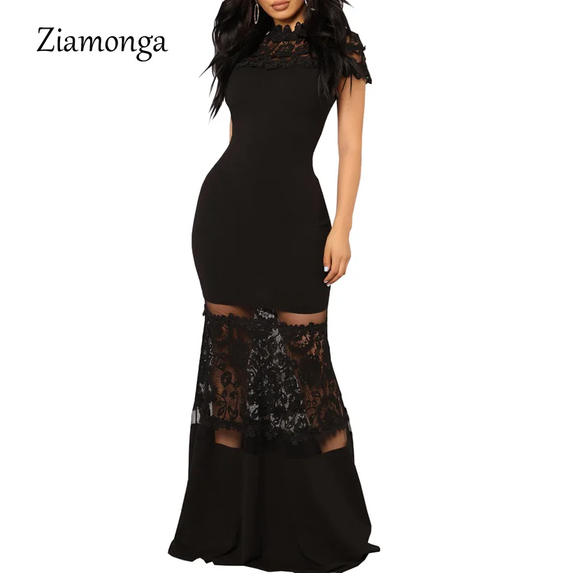 

Ziamonga Plus Size Mermaid Dress Women Elegant Sexy Evening Party Dresses Black Floral Lace Neck Wedding Party Long Maxi Dress