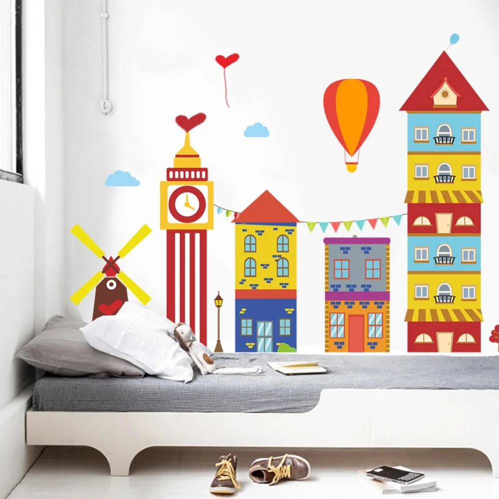 Free shipping 2style Colorful building windmill Hot air balloon wall stickers kids nursery home decor cartoon wall decals mural