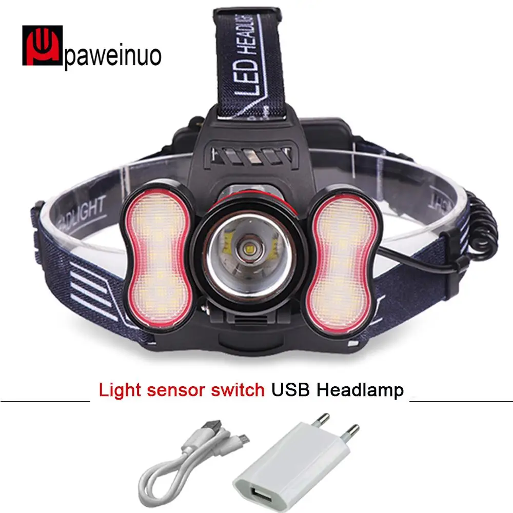 

Light sensor XML T6 cob led headlamp USB rechargeable 18650 headlight waterproof LED head light lamp torch for camping climbing