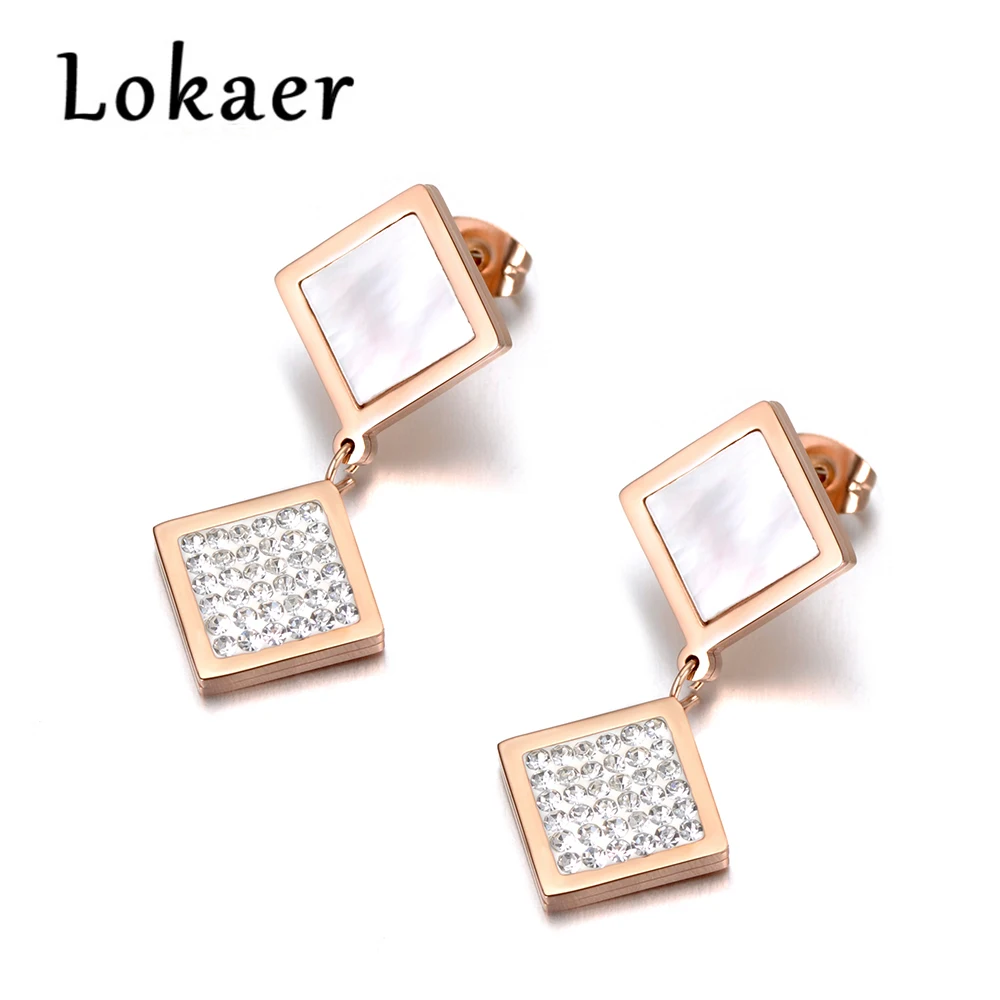 

Lokaer Jewelry Rose Gold Color Stainless Steel Square Clay Crystals & Shell Stud Earrings For Girls Women Boucle D'oreille