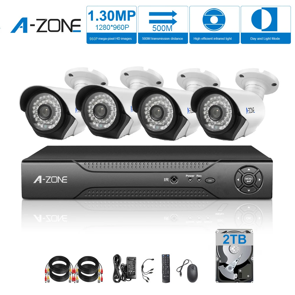 

A-ZONE 4CH CCTV Security System 960P Cameras 8CH 1080P DVR 2TV HDD Video Surveillance Kit Remote View Play&plug Free Shipping
