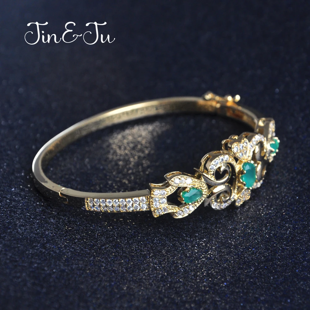 Женский браслет из ротанга и фианита JIN & JU зеленый золотой в винтажном стиле с