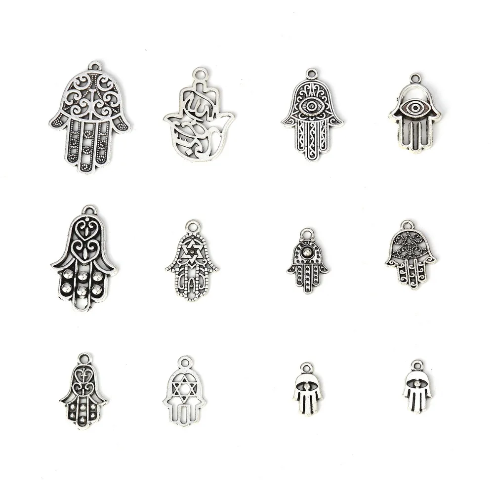 DoreenBeads Zinc Based Alloy Pendants Hamsa Symbol Hand silver color Mixed Charms 3.5 x2.4cm - 1.6 x0.9cm 1 Set ( 12 PCs/Set) | Украшения и
