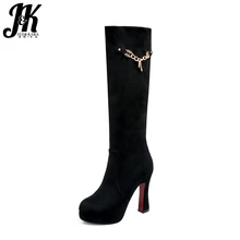 JK/зимние растягивающиеся сапоги на высоком каблуке; женская обувь из флока; Новинка года; Осенние эластичные сапоги выше колена; Теплая обувь; большой размер 46