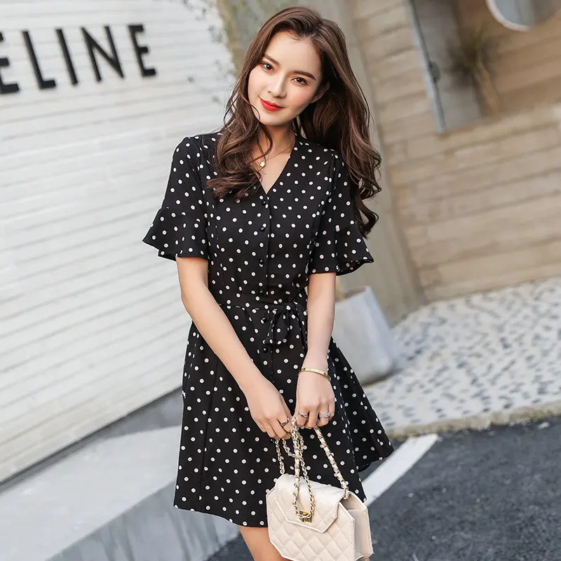Women Dresses Summer Sexy Dot Print Short Sleeve V-neck Chiffon Vintage Ladies Mini Boho Evening Party Dress White 2019 Vestidos