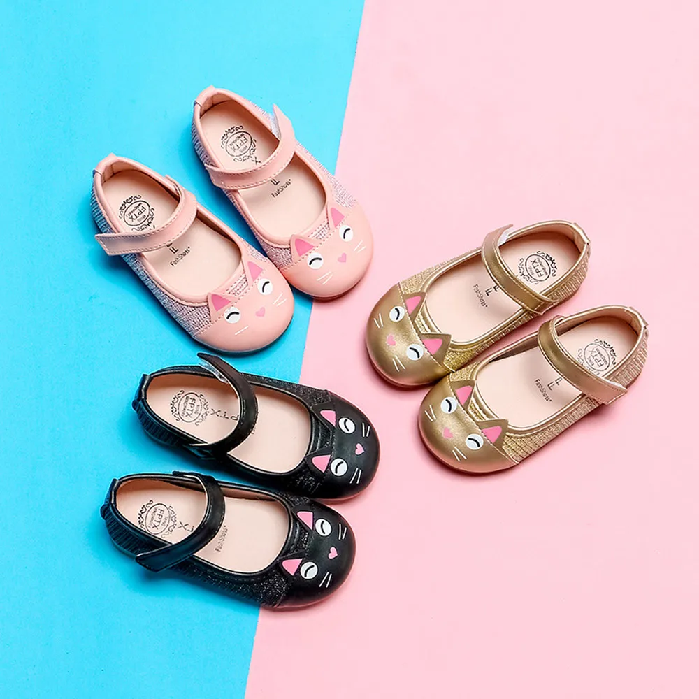 Детская обувь; обувь для девочек; обувь для малышей; Повседневная модная обувь из искусственной кожи на плоской подошве с рисунком кота; Лоферы для малышей; Chaussure Adolescente Fille
