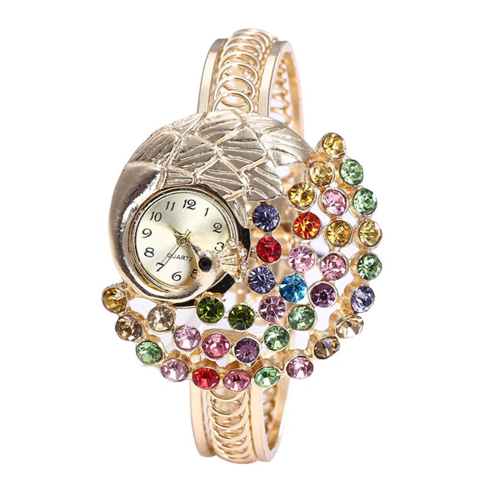 

Luxury Ladies Watch Quartz Wristwatch Colored Rhinestone Elegant Clock Phoenix Peacock Women Watch Bracelet Watches Kol Saati #B