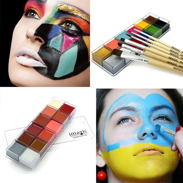 

IMAGIC Halloween Face Body Paint Oil Painting Art Cosmetic Make Up Set Tools Party Fancy Dress 12 Flash Tattoo Color+6pcs Brush