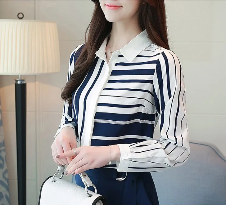 Blusas Плюс Размер полосатая рубашка Весна Осень Новая мода Женская с длинным рукавом лацканом шифоновый топ черная белая блузка офис XL