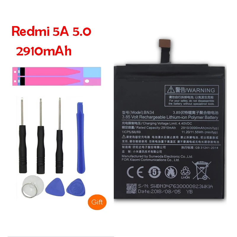 

QrxPower Original BN34 Replacement Battery For Xiaomi Redmi 5 / 5A Real Capacity 2910mAh Li-ion Phone Battery + Tool