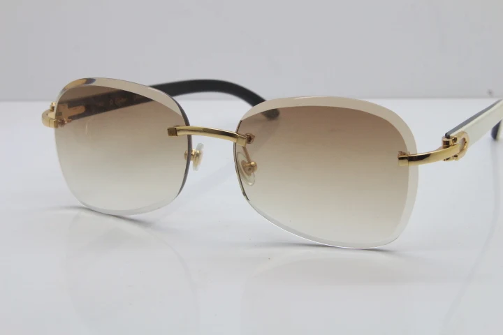 2018 New Cartier Rimless  T8200847 White Mix Black Buffalo Horn Sunglasses in Gold Brown Lens (1)