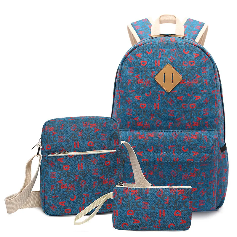 

2016 new schoolbag national wind backpack letters three-piece canvas bag personality customization