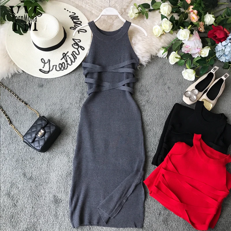 YornMona Korean Style Women Bandage Bodycon Dress Summer Split Knitted Party Dresses Elegant Halter Ladies Long Maxi Dres