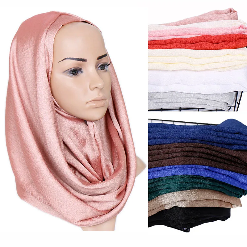 

2019 Women Luxury Brand Plain Shimmer Silk Shawl Scarf Fashion Soft Wraps and Scarves Lady Beach Foulards Muslim Hijab 180*70Cm